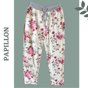 Papillon Floral Jogger Pant Front Pockets Contrast Waistband Pink Grey White XS